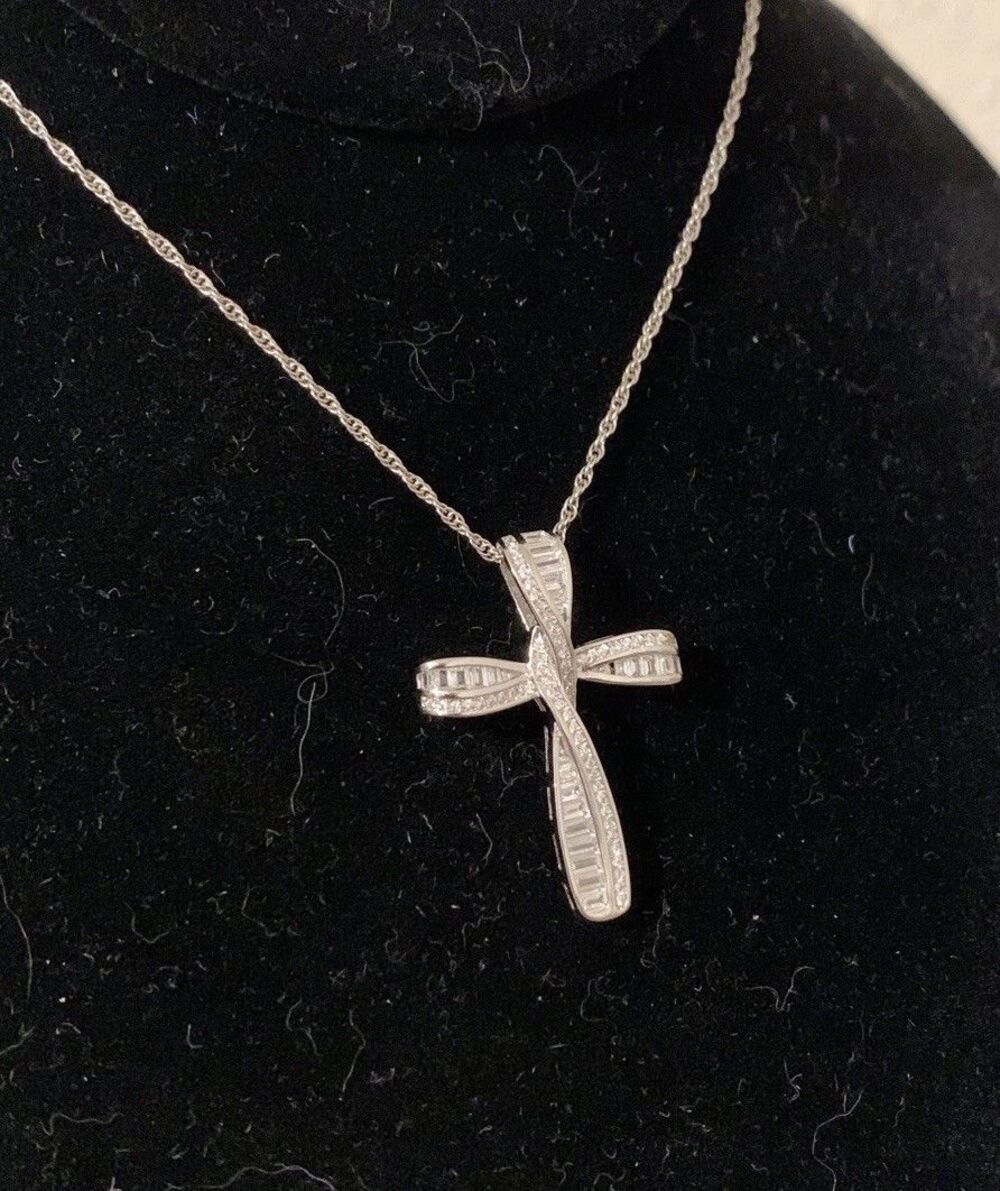 FZN Sterling Silver Cross Necklace Large Cubic Zirconia Religious 18”